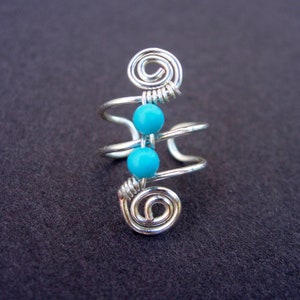 Ear Cuff, Ear Wraps, Earcuff, Single Silver Plated Ear Cuff with Double Turquoise color 3mm beads and swirls image 2