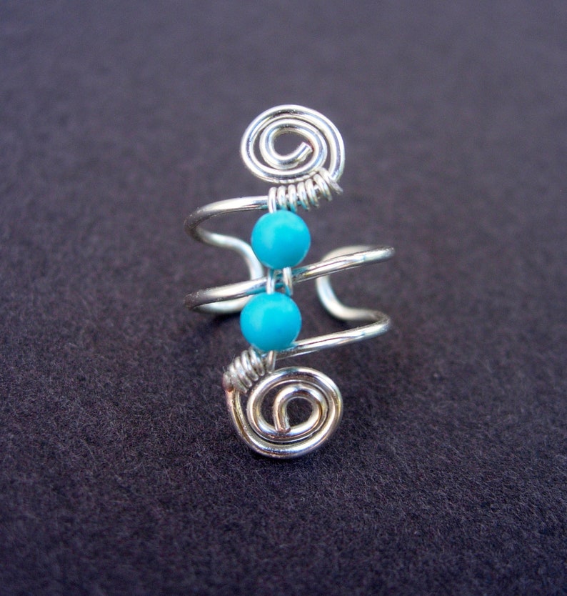 Ear Cuff, Ear Wraps, Earcuff, Single Silver Plated Ear Cuff with Double Turquoise color 3mm beads and swirls image 2