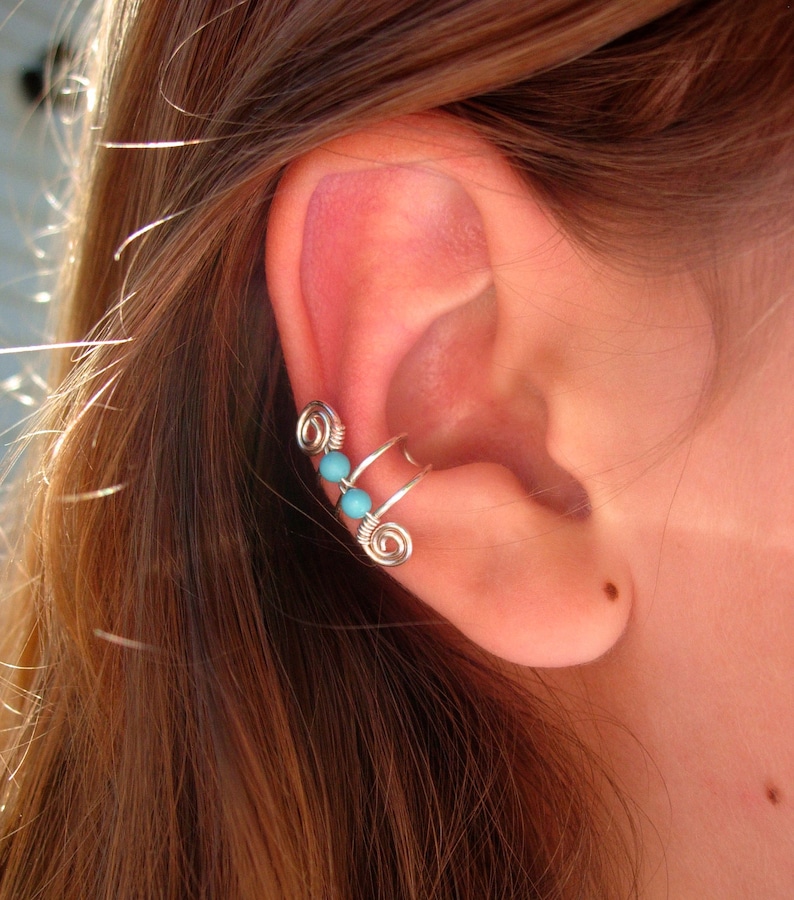 Ear Cuff, Ear Wraps, Earcuff, Single Silver Plated Ear Cuff with Double Turquoise color 3mm beads and swirls image 3