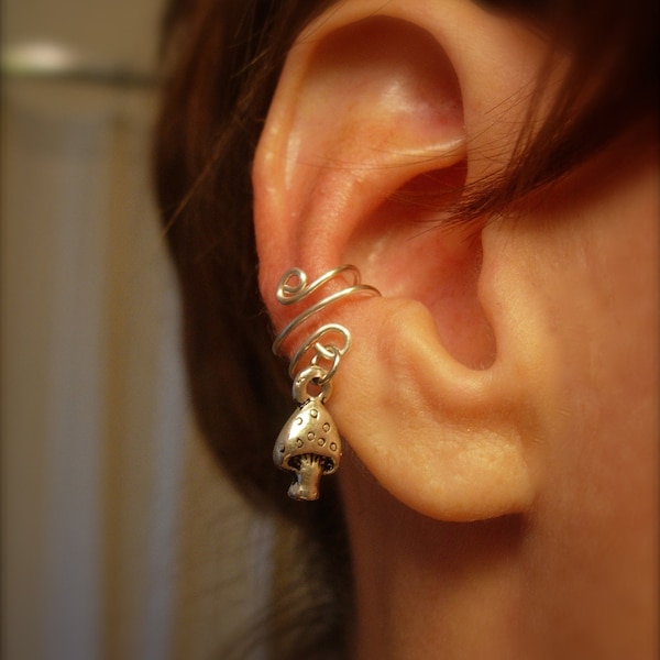 Ear Cuff, Very Trendy Silver Cuff with an Adorable Mushroom Charm, perfect for Fairy lovers