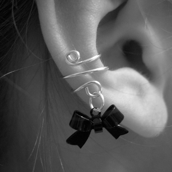 Ear Cuff, Dainty and Feminine Silver Cuff with Gun Metal Black Bow Charm, Black Tie Event