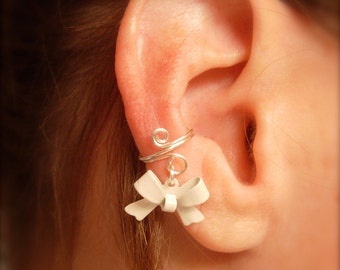 Ear Cuff, Dainty and Feminine Silver Cuff with White Bow Charm