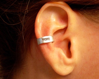 Ear Cuff, Hand Hammered Aluminum with HOPE stamped into the metal and blackened