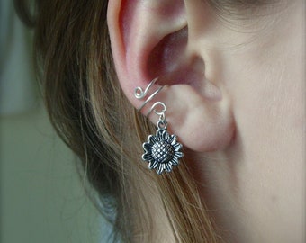 Ear Cuff, Very Trendy Silver Cuff with Pretty Sunflower Charm