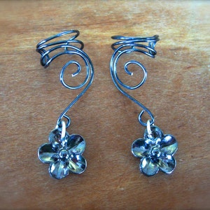 Pair of Black Plated Copper Ear Cuffs with Cute 5 Petal Flower Charm, non pierced earring alternative image 4