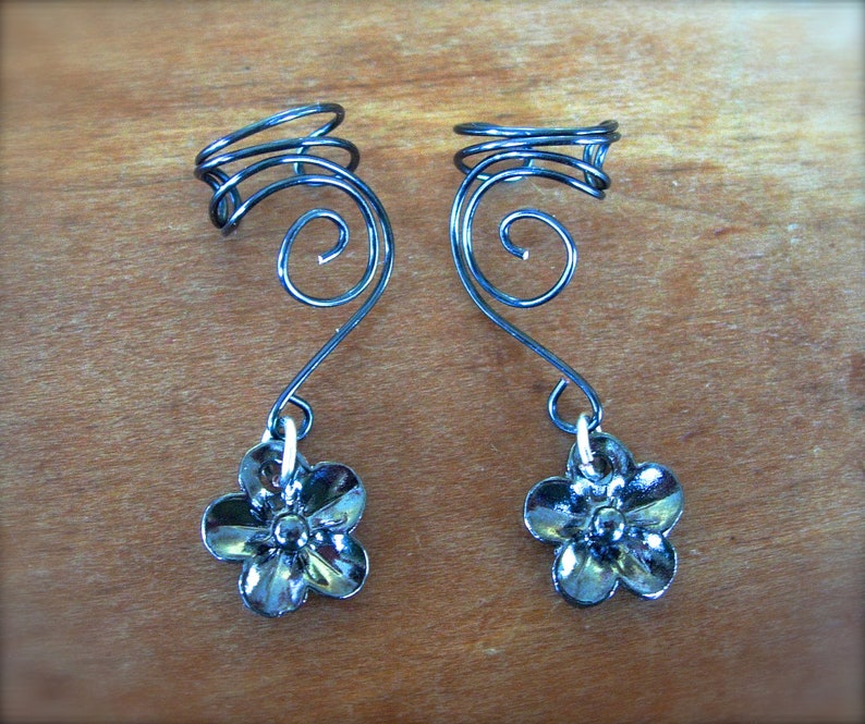 Pair of Black Plated Copper Ear Cuffs with Cute 5 Petal Flower Charm, non pierced earring alternative image 4