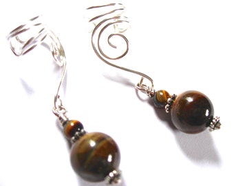 Earcuffs, Ear Wraps, Pair of Silver Ear Cuffs with Genuine Tiger Eye, non pierced Earring alternative