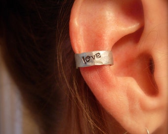 Ear Cuff, Hand Hammered Aluminum with LOVE Stamp, letters blackened to add contrast