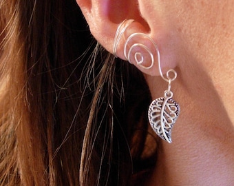 Pair of Ear Cuffs with Antiqued Silver Leaf Accent Beads, sterling silver