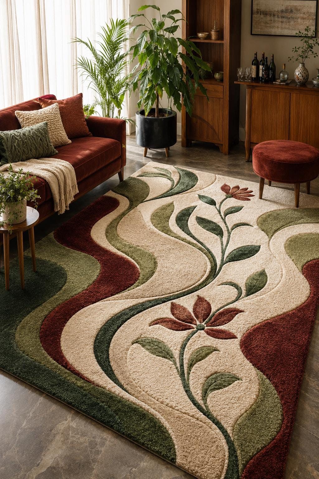 Hand Tufted Wool Rug, Abstract Floral Design, Plush Living Room Carpet