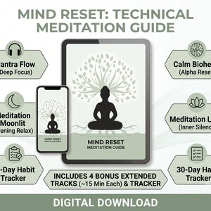 Mind Reset Meditation Guide | Technical Stress Relief Manual | Daily Mental Reboot Digital PDF | 4 Meditation Audio Tracks Extended Pack