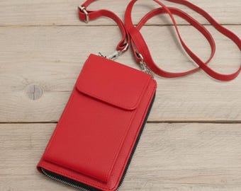 Genuine Leather Crossbody Phone Bag, Small Shoulder Purse, Card Slots, Handmade Mobile Pouch