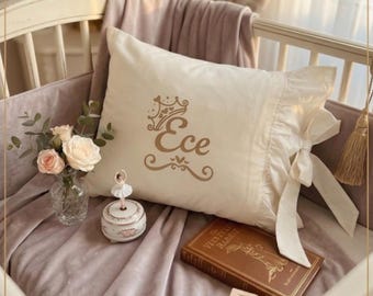 Custom Baby Pillow with Ruffles and Bow, Personalized Nursery Name Pillow, Baby Girl Newborn Gift, Custom Crown Cushion, Toddler Pillowcase
