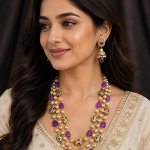 Peut inclure: Une femme porte un collier à trois rangs avec des perles violettes et blanches, ainsi que des boucles d'oreilles assorties. Le collier a des accents dorés avec des pierres vertes et rouges. Les boucles d'oreilles ont un design similaire avec une perle violette pendante.