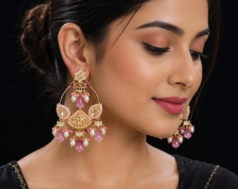 Sabyasachi Inspired Chandelier Earrings, Statement Gold Plated Pearl Drop Jhumkas, pakistani Earrings