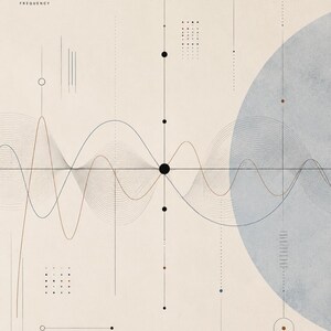 Puede incluir: Impresión artística abstracta con las palabras "Signals 03 Frequency" en la parte superior. La obra presenta un fondo beige con líneas negras, puntos y un círculo de acuarela azul. Líneas onduladas y formas geométricas crean un diseño moderno.