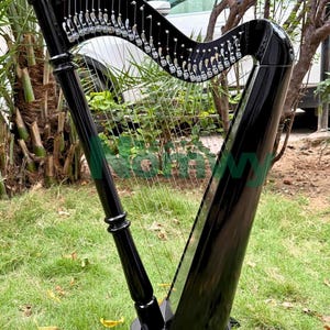 May include: A glossy black harp featuring a curved neck, a solid soundbox, and a series of vertical strings. The instrument includes silver-toned tuning pins along the top edge and a sturdy base, showcasing a sleek, polished finish throughout.