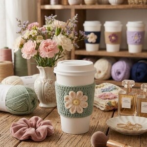 Könnte beinhalten: Ein weißer, wiederverwendbarer Kaffeebecher mit einer salbeigrünen Häkelmanschette und einer großen, cremefarbenen Blumenapplikation. Der Becher steht auf einer Holzoberfläche neben einem rosa Samt-Haargummi, einem Make-up-Pinsel und Ringen.