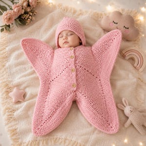 May include: A baby wearing a light pink crocheted star-shaped swaddle blanket with a matching pointed hat. The swaddle features four wide points and is fastened down the center front with four small, round, light brown wooden buttons.