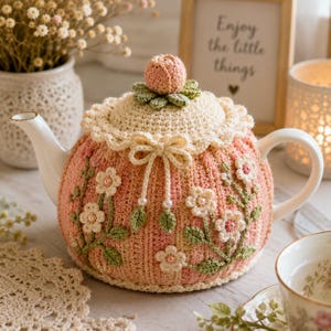 Op de afbeelding: Een witte keramische theepot bedekt met een roze en crème gehaakte theemuts. De theemuts heeft een geribbelde textuur, een geschulpte rand, een strik in het midden en decoratieve gehaakte bloemen met groene blaadjes. Bovenop het deksel zit een klein gehaakt roosje.