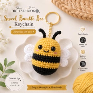 Virkat bi-nyckelringsmönster PDF, söt amigurumi-humlaberlock, gör-det-själv-väskberlock, bilspegelhänge, ryggsäckstillbehör