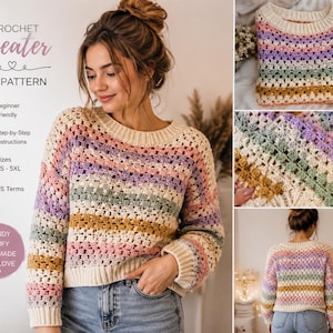 May include: A crochet sweater PDF pattern featuring a long-sleeve pullover with horizontal stripes in cream, pink, lavender, green, and mustard yellow. The design includes a ribbed crew neckline, cuffs, and hem, with text indicating beginner friendly.