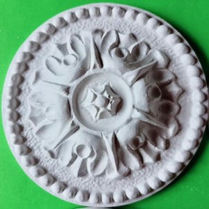 Könnte beinhalten: Ein weißes, kreisförmiges dekoratives Deckenmedaillon mit einem detaillierten Blumen- und Blattdesign. Die Mitte hat ein Sternmuster, und der äußere Rand hat eine Perlenbordüre. Das Medaillon ist aus Gips.