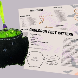 May include: A black felt cauldron ornament with green felt top, green sequins, and a lime green ribbon loop with purple and silver beads. Beside it is a printed instruction sheet titled Cauldron Felt Pattern with diagrams.