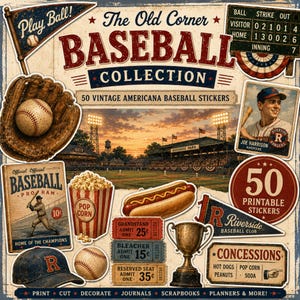 Op de afbeelding: Een verzameling van 50 vintage Americana honkbalstickers met een honkbalhandschoen, een bal, een hotdog, popcorn, een trofee, kaartjes, een wimpel, een honkbalpet en een scorebord. De tekst luidt The Old Corner Baseball Collection.