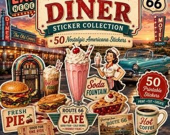 50 Americana Diner Stickers, Retro Route 66 Ephemera, Junk Journal Kit (PDF Download)