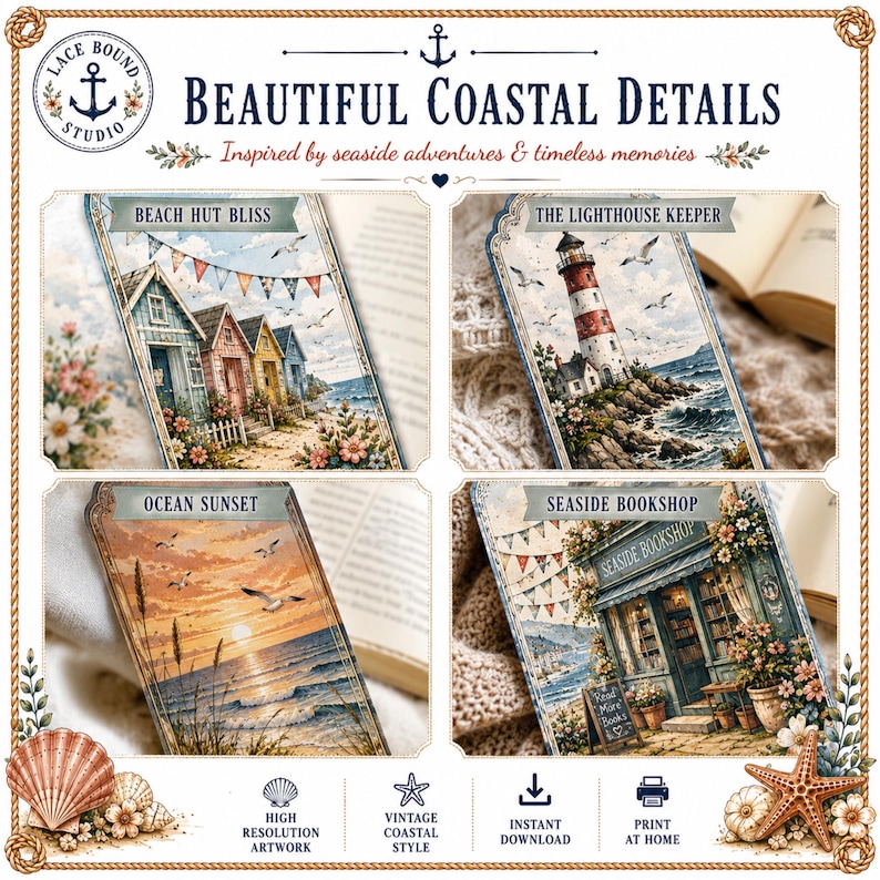 Vintage Seaside Bookmark Collection | Coastal Book Lover Gift (digital ...