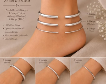 925 Sterling Silver Open Cuff Bangle Bracelet Anklet, Minimalist Round Wire Jewelry