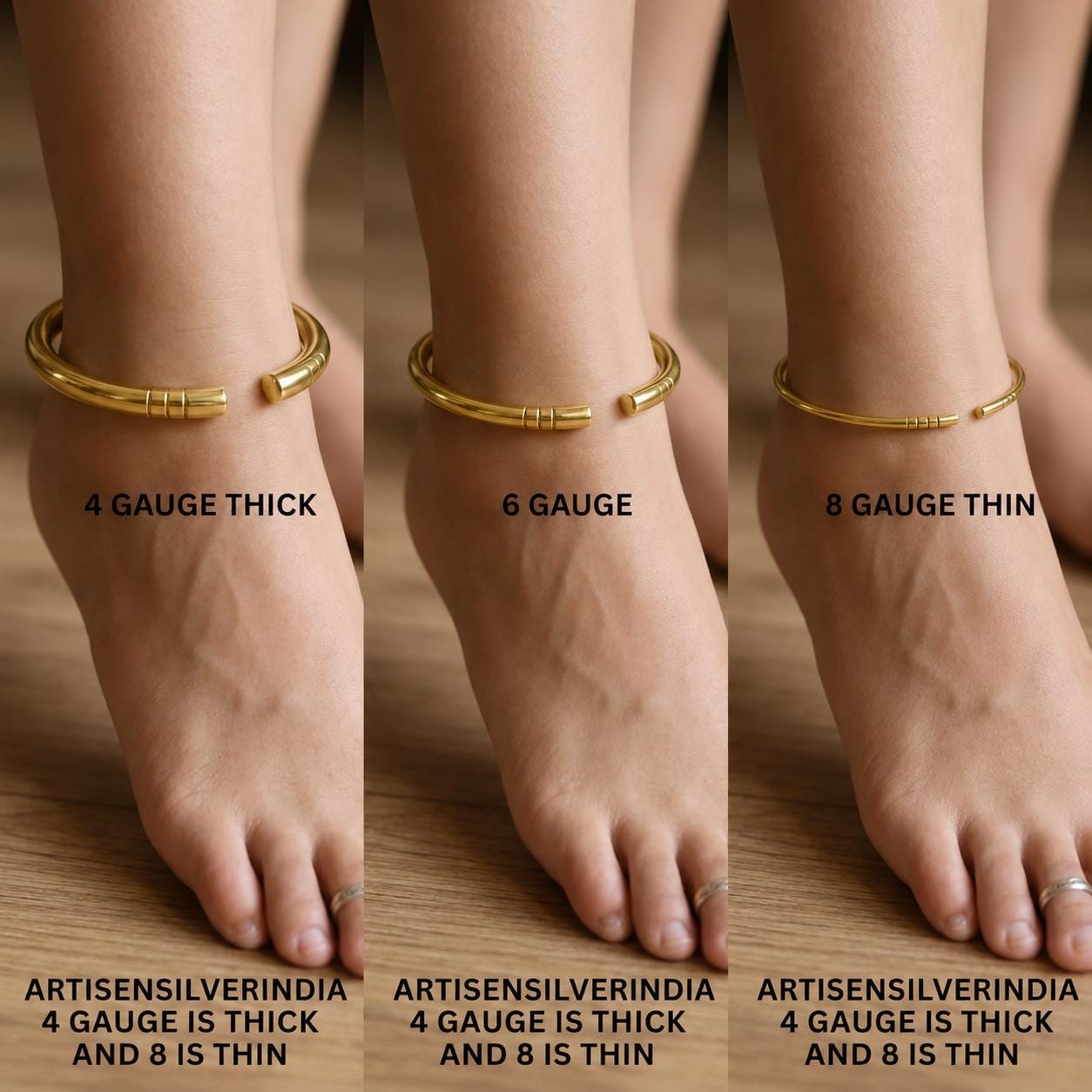 Solid Brass Open Cuff Anklet Bracelet Adjustable Unisex Bangle (4, 6, 8 Gauge)