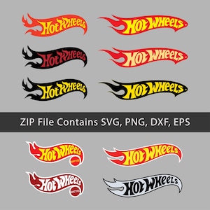 Può includere: Una collezione di loghi Hot Wheels in vari schemi di colori, tra cui rosso, giallo, nero e bianco. I loghi presentano il testo "Hot Wheels" in un font stilizzato, con accenti a forma di fiamma. L'immagine include anche il testo "ZIP File Contains SVG, PNG, DXF, EPS".