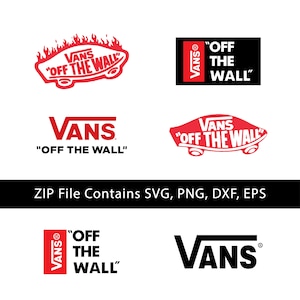 Op de afbeelding: Een verzameling Vans-logo's in rood en zwart. De logo's bevatten het Vans-woordmerk, de zin "Off The Wall" en een schoenafbeelding. De afbeelding bevat ook de tekst "ZIP File Contains SVG, PNG, DXF, EPS."