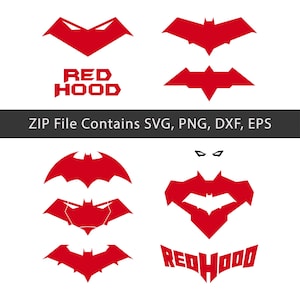 Puede incluir: Una colección de logotipos y diseños rojos de Red Hood sobre un fondo blanco. El texto "RED HOOD" se muestra en una fuente audaz y estilizada. La imagen también incluye el texto "ZIP File Contains SVG, PNG, DXX, EPS".