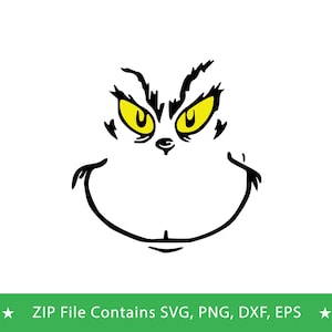 Könnte beinhalten: Schwarz-gelbe Cartoon-Illustration eines Gesichts mit breitem Grinsen. Die Augen sind gelb, das Gesicht ist schwarz umrandet. Der Text "ZIP File Contains SVG, PNG, DXF, EPS" befindet sich unten.