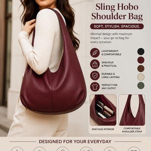 May include: A burgundy Sling Hobo Shoulder Bag with a spacious interior and comfortable shoulder strap. The bag is designed for everyday use and is lightweight, durable, and stylish. The bag is made with premium materials.