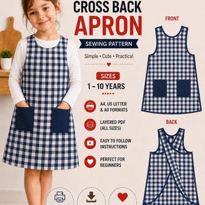 May include: A digital sewing pattern for a kids cross back apron featuring a navy and white gingham check fabric with two solid navy pockets. The instructional graphic includes text for sizes 1-10 years, A4, US letter, and A0 formats, and layered PDF.