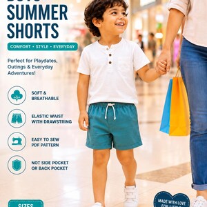 Puede incluir: Pantalones cortos de color verde azulado con cintura elástica y cordón blanco. El texto en la imagen incluye BOYS' SUMMER SHORTS, COMFORT, STYLE, EVERYDAY, Perfect for Playdates, Outings & Everyday Adventures, SOFT & BREATHABLE, ELASTIC WAIST WITH DRAWSTRING, EASY TO SEW PDF PATTERN, NOT SIDE POCKET OR BACK POCKET, SIZES 2T - 10Y, MADE WITH LOVE FOR LITTLE EXPLORERS.