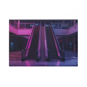 May include: A canvas print featuring two parallel escalators in a building, bathed in neon pink and purple light. The scene has a futuristic, dystopian aesthetic, with a sense of abandonment.