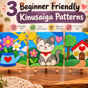 May include: Three 17.78 x 17.78 cm Kinusaiga patterns displayed on small wooden easels. The designs feature a blue watering can with flowers, a grey and white cat, and a house with a red roof. Text reads 3 Beginner Friendly Kinusaiga Patterns.