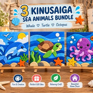 May include: A Kinusaiga sea animals bundle featuring three square fabric art panels on wooden easels. The panels depict a blue dolphin, a green sea turtle, and a purple octopus. Text includes 3 KINUSAIGA SEA ANIMALS BUNDLE, Whale, Turtle, Octopus, Small Crafts Big Happiness, Ocean Vibes Only, and Life is Better by the Sea.