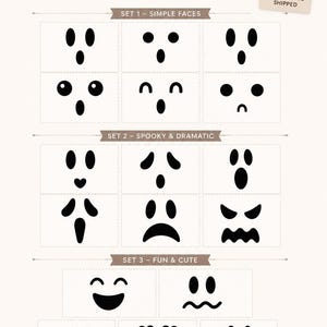 May include: A digital file containing black ghost face graphics organized into three sets: Simple Faces, Spooky & Dramatic, and Fun & Cute. The text reads GHOST FACES, EASY & SIMPLE GHOST EXPRESSIONS, DIGITAL FILE - PRINT, CUT & CREATE, and more.