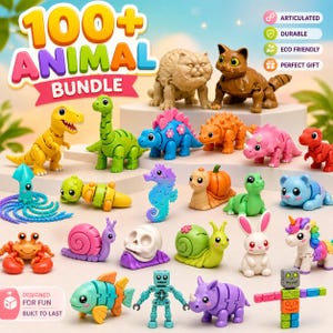 May include: A collection of small, articulated plastic animal figures in various colors and shapes, including dinosaurs, snails, a crab, a unicorn, and a robot. The text 100+ ANIMAL BUNDLE is displayed at the top, with feature icons on the right.