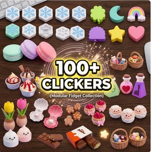100+ Fidget Clicker STL-paket | Söt Kawaii STL Mega-paket | Klickleksaker, Matnyckelringar, Trolldryckflaskor, Minidjur | 3D-utskriftspaket