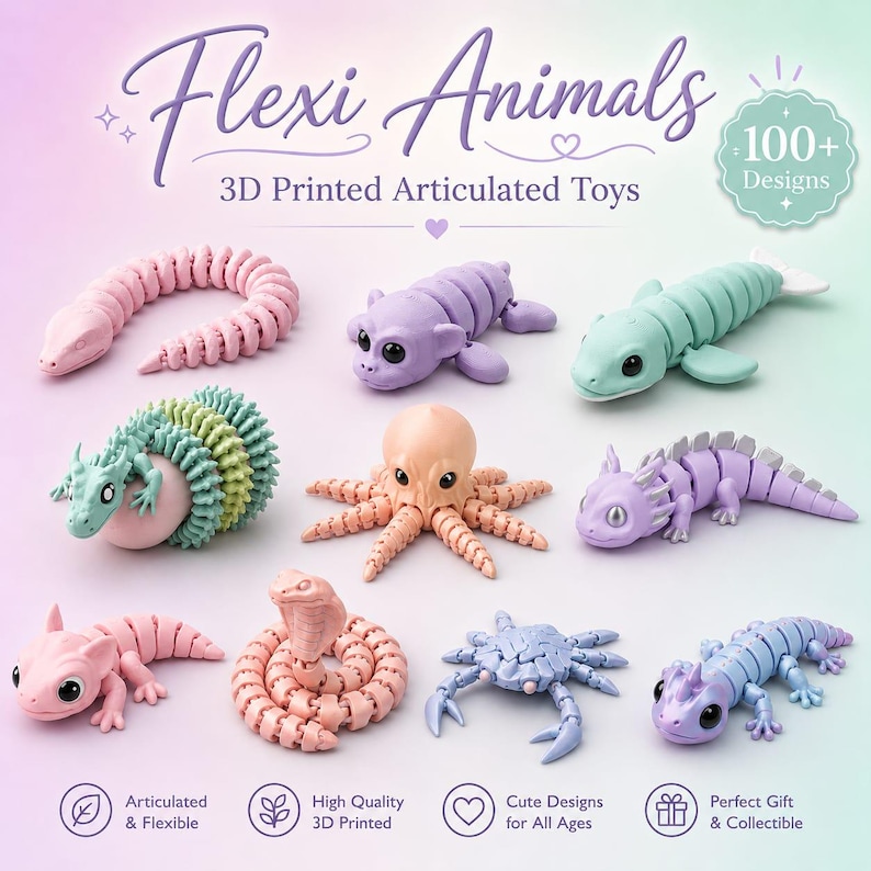 100+ Flexi Animal STL Bundle | Articulated Creature Collection | Flexi Fish, Shark, Articulated Octopus | 3D Printed File | Instant Download image 1