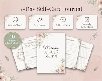Planificador de autocuidado, diario de gratitud, diario de atención plena, registro de salud mental, diario de autocuidado de 7 días, descarga digital en PDF.