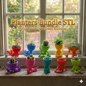 May include: A collection of colourful, human-shaped planters in red, blue, green, yellow, orange, purple, and pink, each holding a small succulent or cactus. The text "Planters Bundle STL" and "Print Your Own Desk Buddies" is displayed above.
