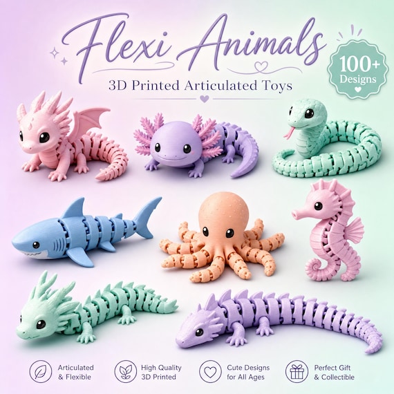 100+ Flexi Animal STL Bundle | Articulated Creature Collection | Flexi Fish, Shark, Articulated Octopus | 3D Printed File | Instant Download